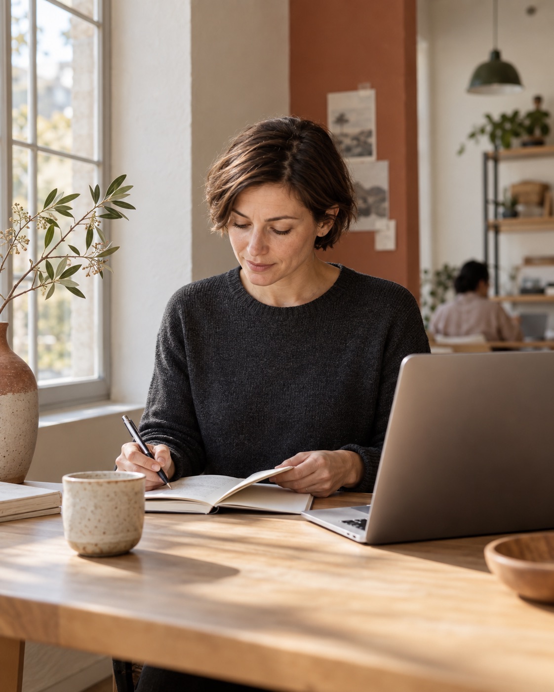 A business owner reviewing a notebook beside her laptop in a bright office.
