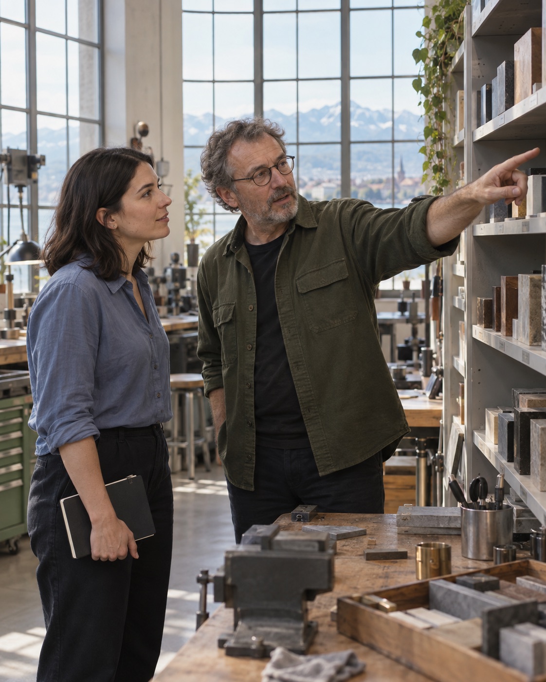 An experienced colleague showing a new team member around a precision-design workshop.
