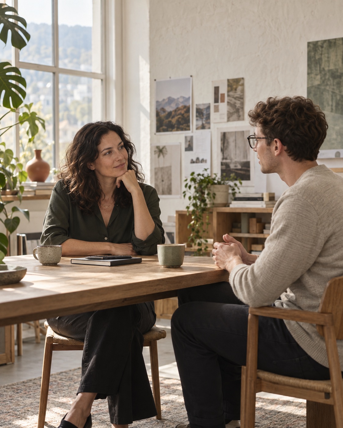 A team lead and colleague having a focused conversation in a sunlit studio.