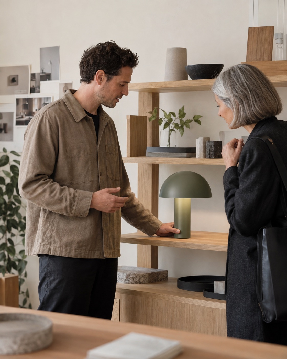 A studio owner presenting a crafted desk lamp to a client.