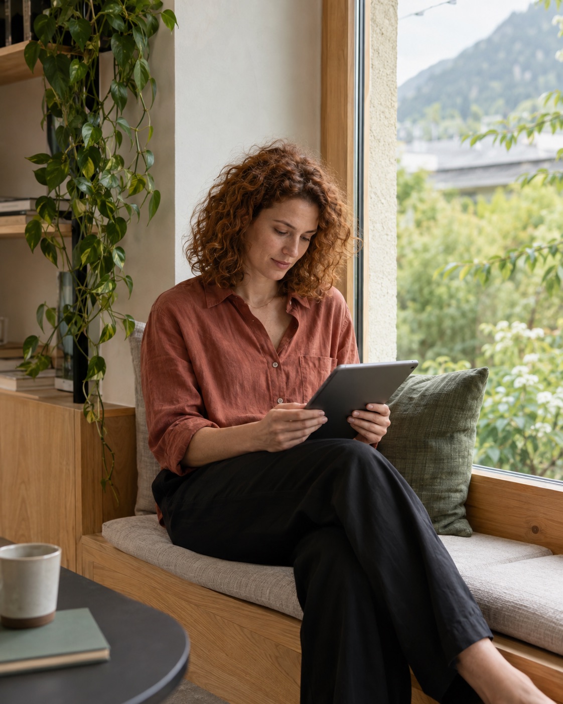 A colleague reflecting on employee feedback with a tablet by the window.