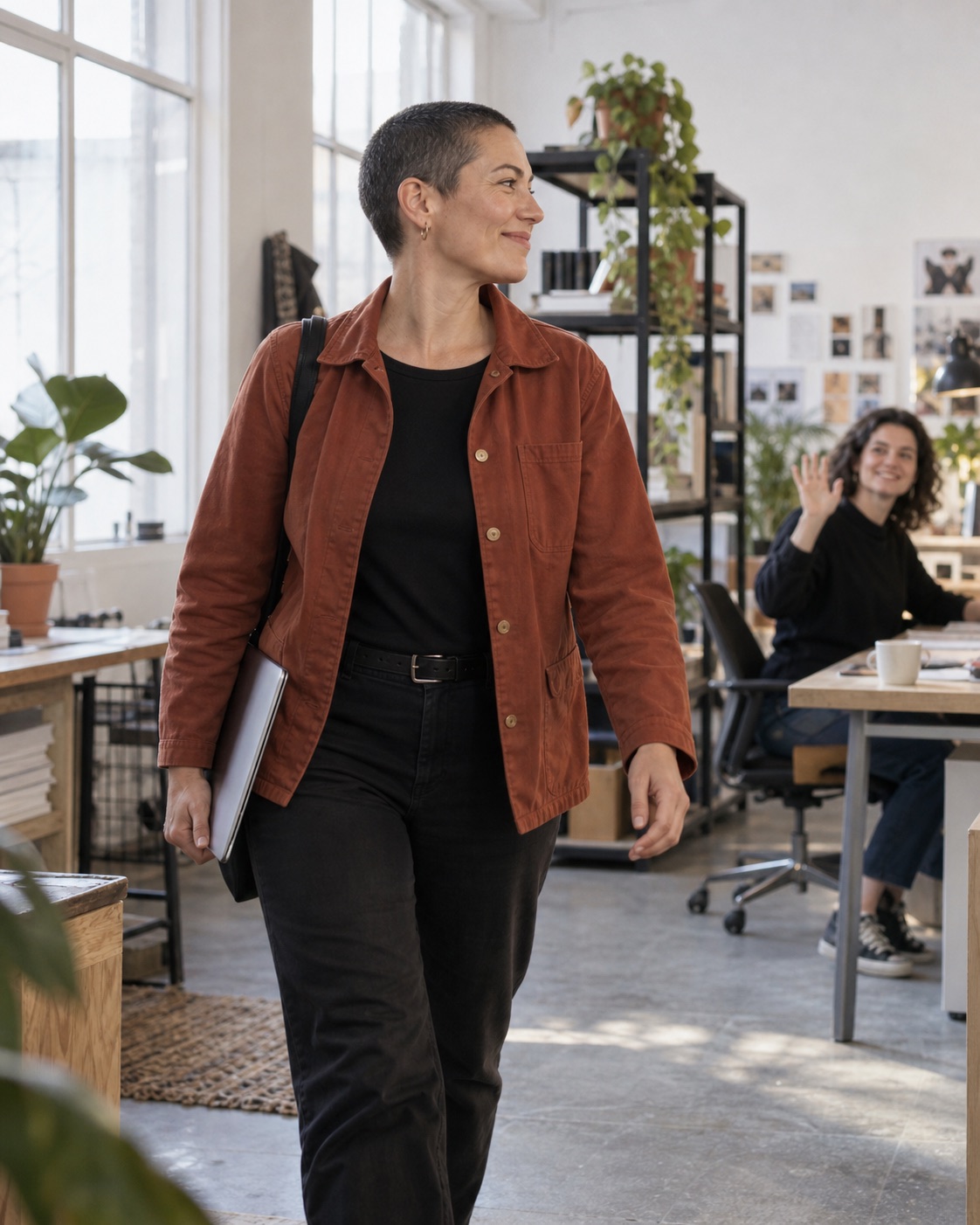 A founder arriving at her studio with a laptop.