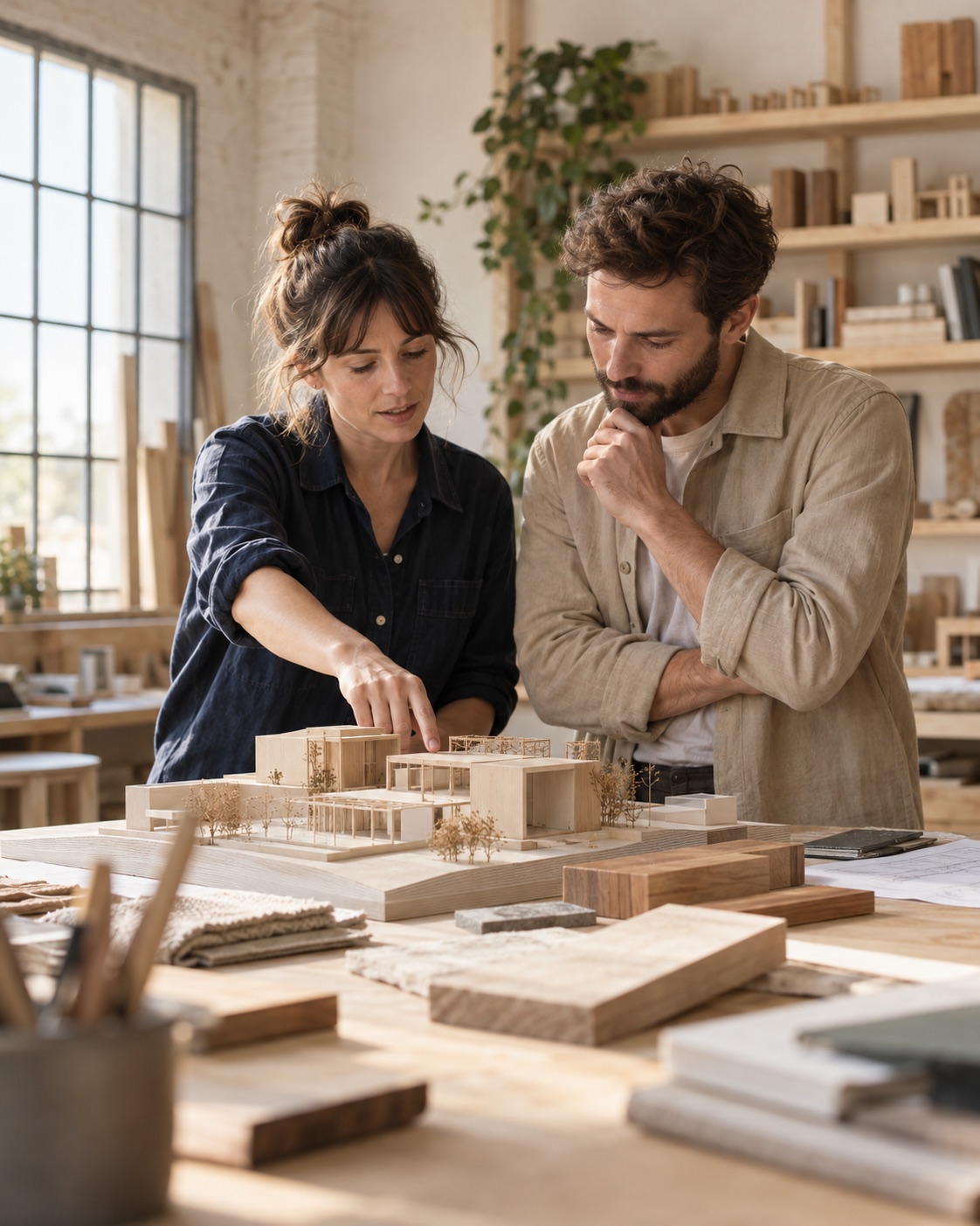 Two colleagues reviewing a client project model and material samples in a workshop.