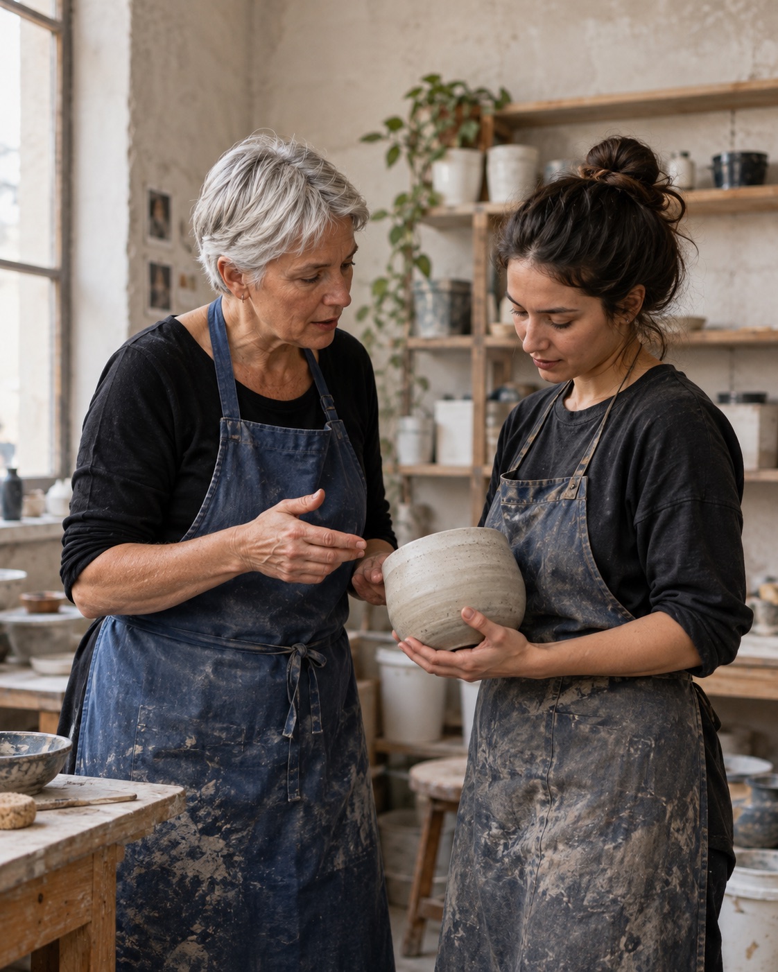 A senior craftsperson mentoring a colleague in a ceramics workshop.